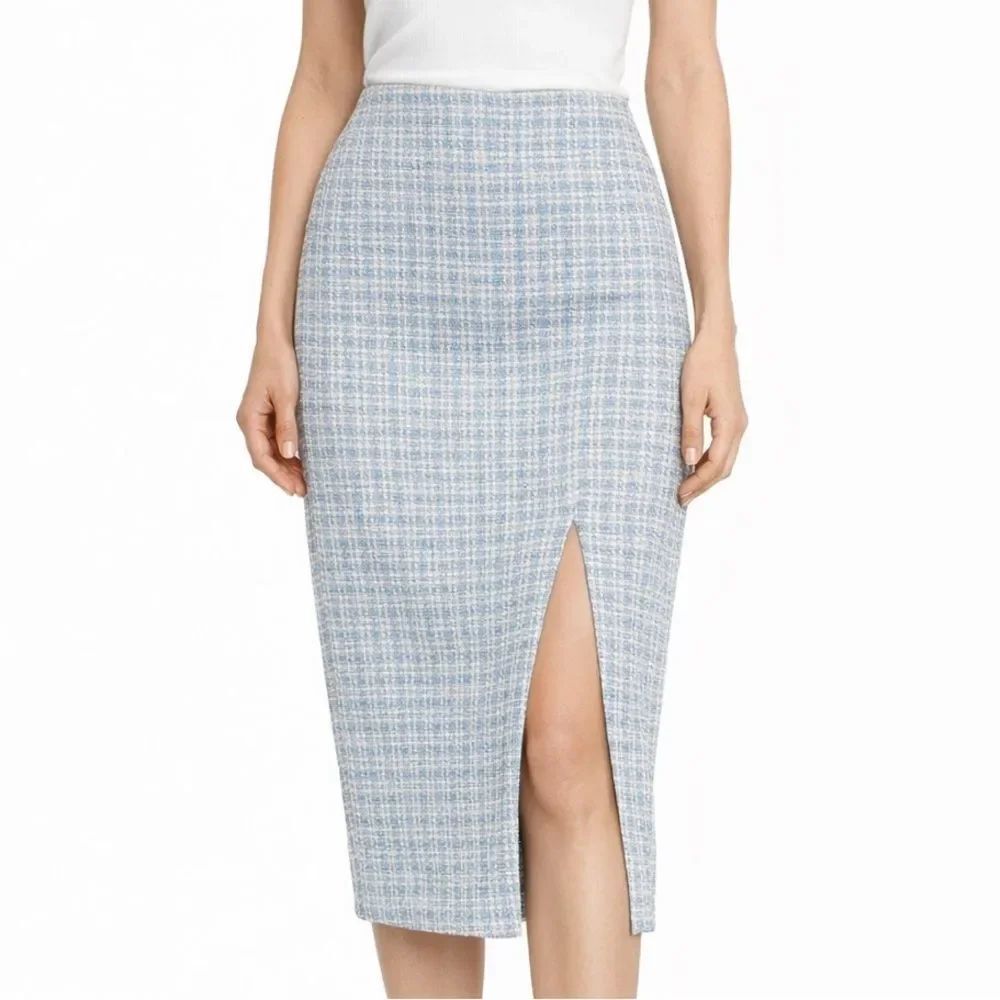 Zara Elegant Blue Tweed Pencil Skirt